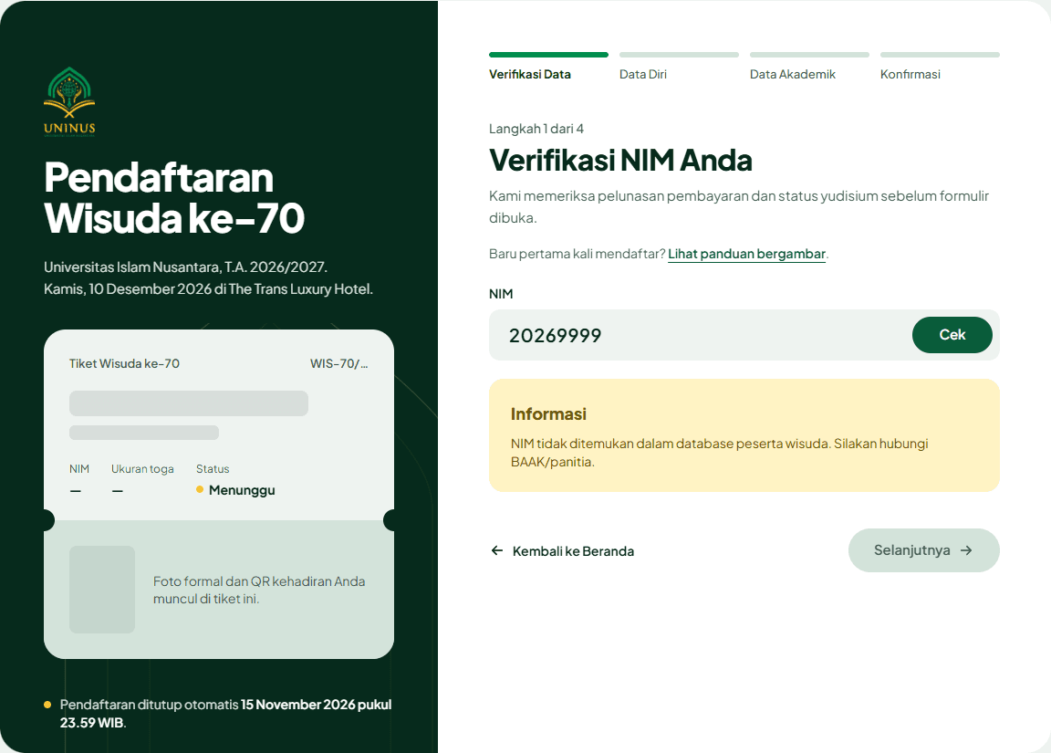 Kotak kuning Informasi yang menyatakan NIM tidak ditemukan dalam database peserta wisuda.