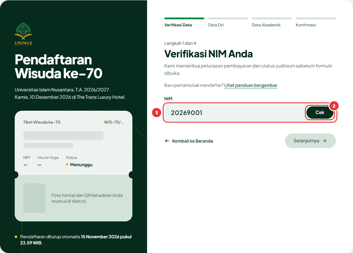 Kolom NIM terisi 20269001 dengan tombol Cek di ujung kanan kolom.