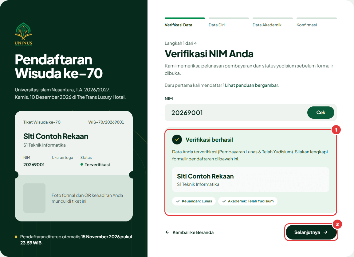 Kotak hijau Verifikasi berhasil menampilkan nama dan program studi, dengan tombol Selanjutnya di bawahnya.