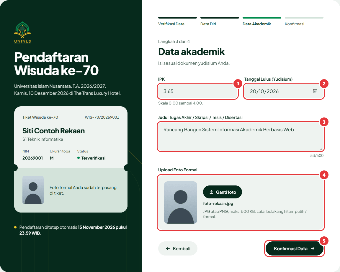 Tahap Data Akademik dengan kolom IPK, tanggal lulus, judul tugas akhir, unggah foto formal, dan tombol Konfirmasi Data.