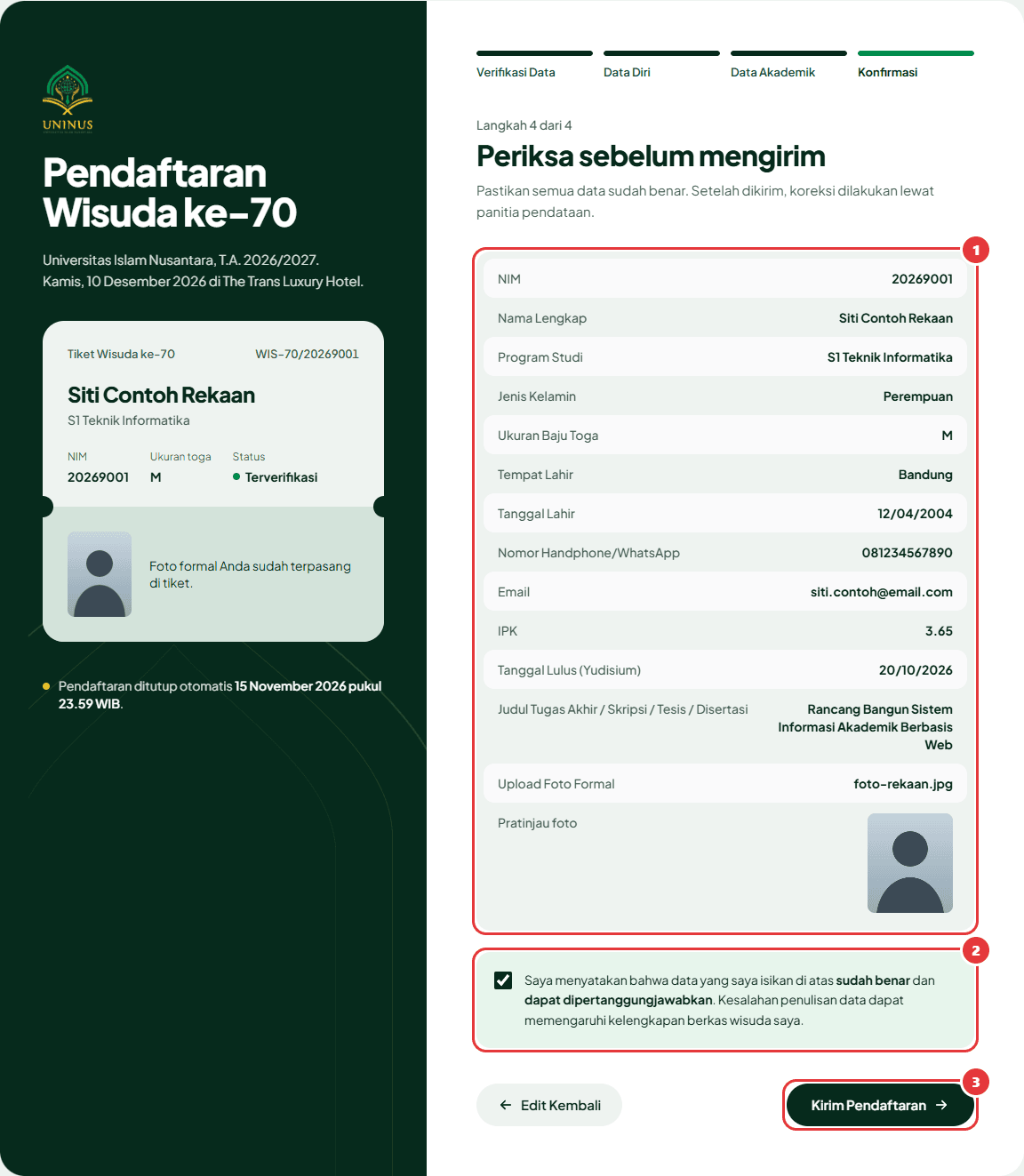Tahap Konfirmasi berisi ringkasan seluruh data, kotak pernyataan yang sudah dicentang, dan tombol Kirim Pendaftaran.