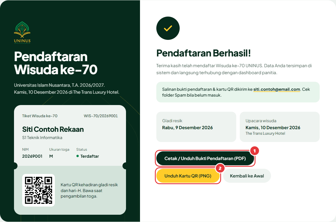 Halaman Pendaftaran Berhasil dengan tombol unduh bukti PDF, tombol unduh kartu QR, dan kartu QR pada tiket.