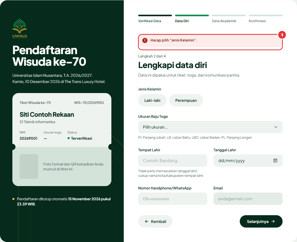 Pesan merah Harap pilih Jenis Kelamin di atas formulir Data Diri.